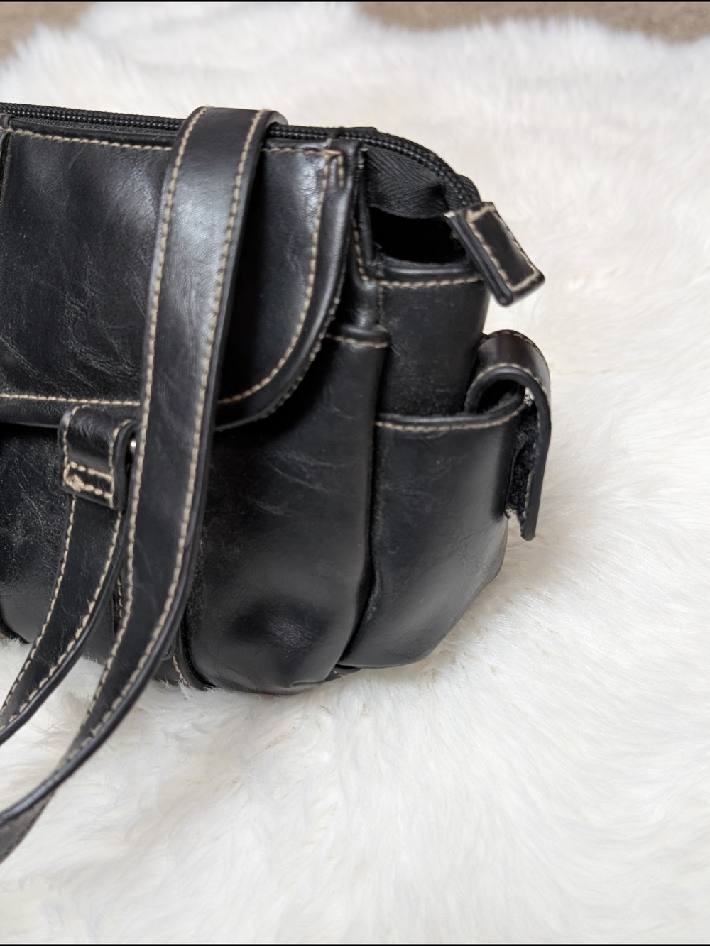 Small Black Vinyl Shoulder Bag with Buckle Detail - Picture 6 of 13